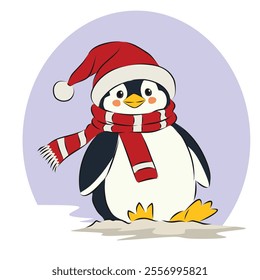 A cute penguin in a festive Santa hat and scarf.