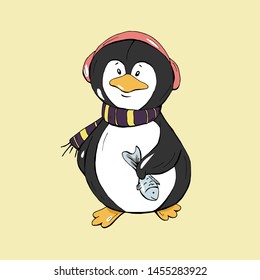 Cute penguin with fish cartoon hand drawn vector illustration. Can be used for t-shirt print, kids wear fashion design, baby shower invitation card