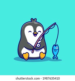 Cute Penguin Fishing Cartoon Vector Icon Illustration. Animal Nature Icon Concept Isolated Premium Vector. Flat Cartoon Style