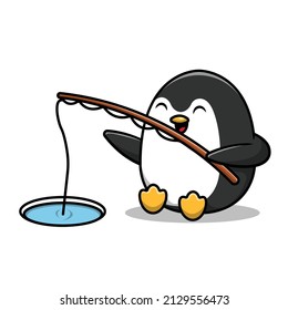 Cute Penguin Fishing Cartoon Vector Icon Illustration. Animal Nature Icon Concept Isolated Premium Vector. Flat Cartoon Style
