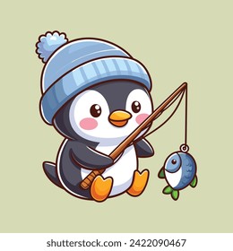 Cute Pinguin Fischerei-Cartoon Vektorsymbol Kunstgrafik