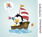 cute penguin fishing on sailboat while holding binocular, vector cartoon illustration
