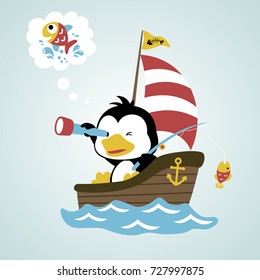 cute penguin fishing on sailboat while holding binocular, vector cartoon illustration