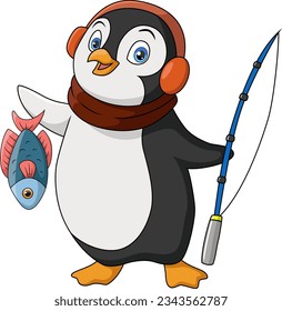 Cute penguin fishing on white background