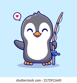 Cute Penguin With Fishing Rod Cartoon Vector Icon Illustration. Animal Nature Icon Concept Isolated Premium Vector. Flat Cartoon Style