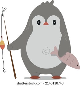 cute penguin with a fishing rod holding a fish, flat illustration