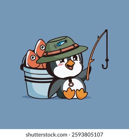 Cute penguin fishing vector children's illustration Q edition vector cartoon illustration