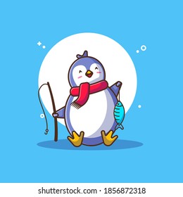 Cute Penguin Fishing Vector Icon Illustrations. Winter Icon Concept White Isolated. Flat Cartoon Style Suitable for Web Landing Page, Banner, Sticker, Background