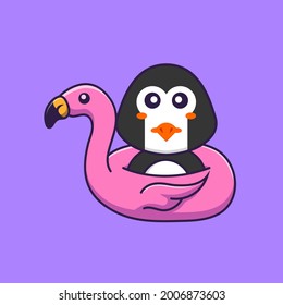 Cute penguin With flamingo buoy. Animal cartoon concept isolated. Can used for t-shirt, greeting card, invitation card or mascot.