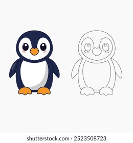 A cute penguin in flat design and line art style, no shadow, with a white background