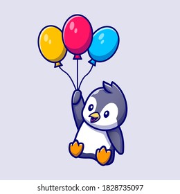 Cute Penguin Floating With Balloons Cartoon Vector Icon Illustration. Animal Love Icon Concept Isolated Premium Vector. Flat Cartoon Style