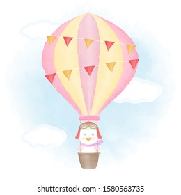 Cute penguin floating on hot air balloon hand drawn cartoon illustration watercolor background