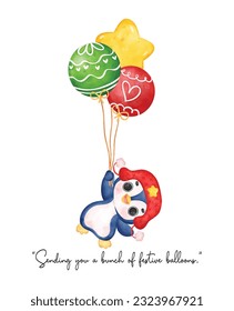 a cute penguin floats in the sky, holding a bunch of festive Christmas balloons. This whimsical watercolor illustration captures the playful and cheerful spirit.