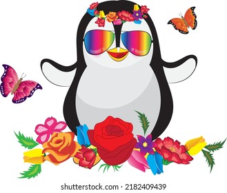 Cute penguin with flowers and two butterflies.Cartoon style hand drawn vector illustration.