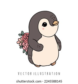 süßer Pinguin mit Blumen, Vektorgrafik