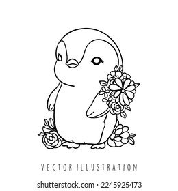 cute penguin with flowers, Vector illustration