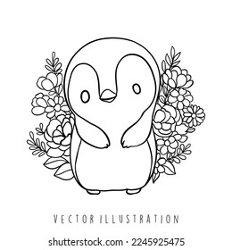 cute penguin with flowers, Vector illustration