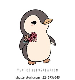 pingüino lindo con flores, ilustración vectorial