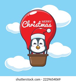 Cute penguin fly with air balloon. Cute christmas cartoon illustration.