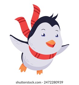 Cute penguin fly. Funny draw character in cartoon style. Adorable wild animal. Vector illustration