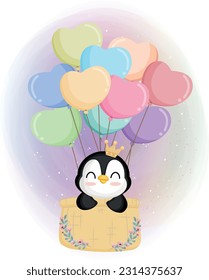 Pingüino lindo volando con globo de aire. fondo colorido