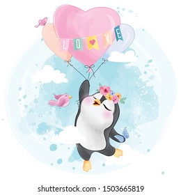 Cute penguin flying with balloon