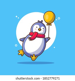 Cute Penguin Flying with Balloon Vector Icon Illustrations. Winter Icon Concept White Isolated. Flat Cartoon Style Suitable for Web Landing Page, Banner, Sticker, Background