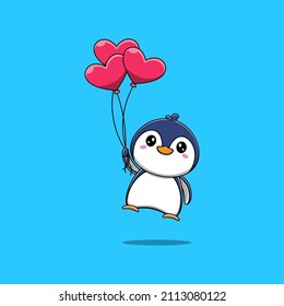 Cute penguin flying with balloons vector illustration