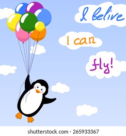 Cute penguin flying with balloons - vector illustration