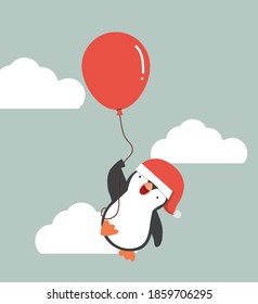 cute penguin flying black with balloon