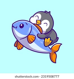 Cute Penguin Flying With Fish Cartoon Vector Icon Illustration. Animal Nature Icon Concept Isolated Premium Vector. Flat Cartoon Style