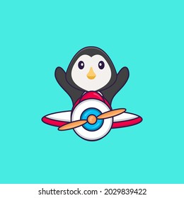Pingüino lindo volando en un avión. El concepto de caricatura animal aislado. Puede usarse para camisetas, tarjetas de felicitación, tarjetas de invitación o mascota.