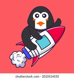 Cute penguin flying on rocket. Animal cartoon concept isolated. Can used for t-shirt, greeting card, invitation card or mascot.