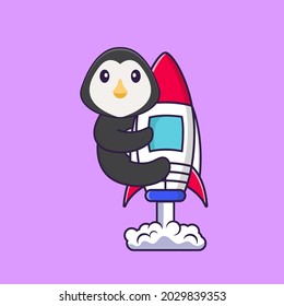 Cute penguin flying on rocket. Animal cartoon concept isolated. Can used for t-shirt, greeting card, invitation card or mascot.