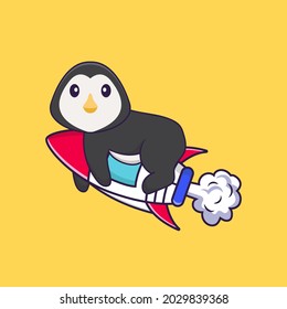 Cute penguin flying on rocket. Animal cartoon concept isolated. Can used for t-shirt, greeting card, invitation card or mascot.