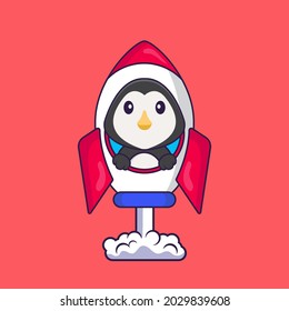 Cute penguin flying on rocket. Animal cartoon concept isolated. Can used for t-shirt, greeting card, invitation card or mascot.