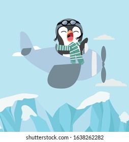 Cute penguin flying plane on sky