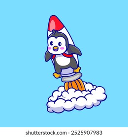 Cute Penguin Flying With Rocket Cartoon Vector Illustrations. Animal Science Technology Concept. Flat Cartoon Style.