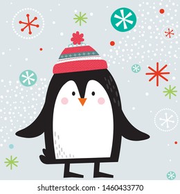 Cute penguin with flying snowflakes on background