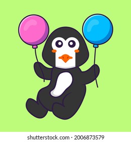 Cute penguin flying with two balloons. Animal cartoon concept isolated. Can used for t-shirt, greeting card, invitation card or mascot.
