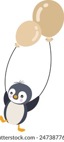 Lindo pingüino volando con dos globos