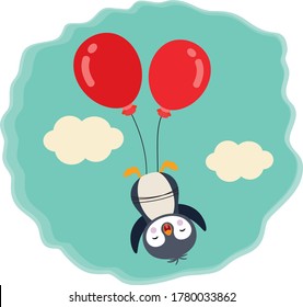 Cute penguin flying with two red balloons in sky with clouds
