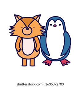 cute penguin and fox cartoon on white background vector illustration