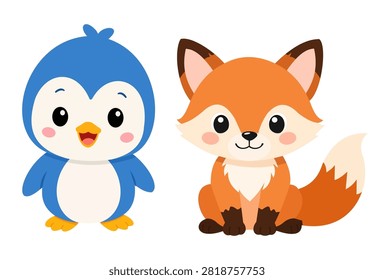 Cute Penguin And Fox Vector