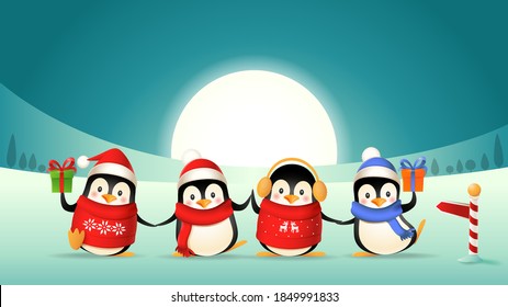 Cute penguin friends celebrate winter holidays - winter landscape background