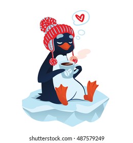 Cute penguin in funny hat with cup of coffee sitting on an ice floe and thinking about love. Vector illustration of penguin in love with coffee in flat cartoon style isolated on a white background.