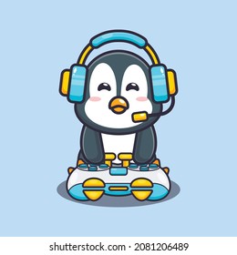 Cute penguin gamer. Cute cartoon animal illustration.