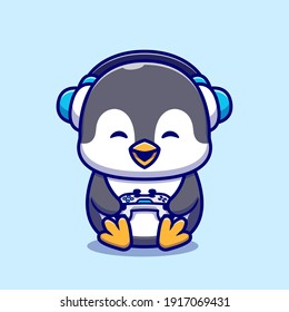 Cute Penguin Gaming Cartoon Vector Icon Illustration. Animal Technology Icon Concept Isolated Premium Vector. Flat Cartoon Style