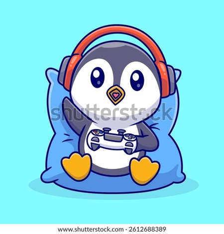 Cute Penguin Gaming Cartoon Vector Icon Illustration. Animal Technology Icon Concept Isolated Premium Vector. Flat Cartoon Style