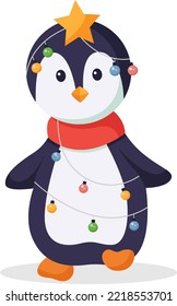 Cute Penguin with Garland Light Christmas Character Design Illustration